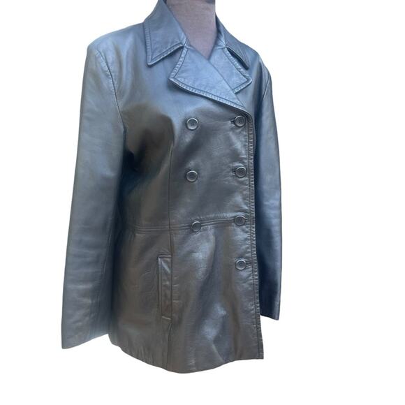 Vtg Double Breasted Classic Minimalist Capsule Soft Leather Coat Womens Size L - Picture 1 of 8
